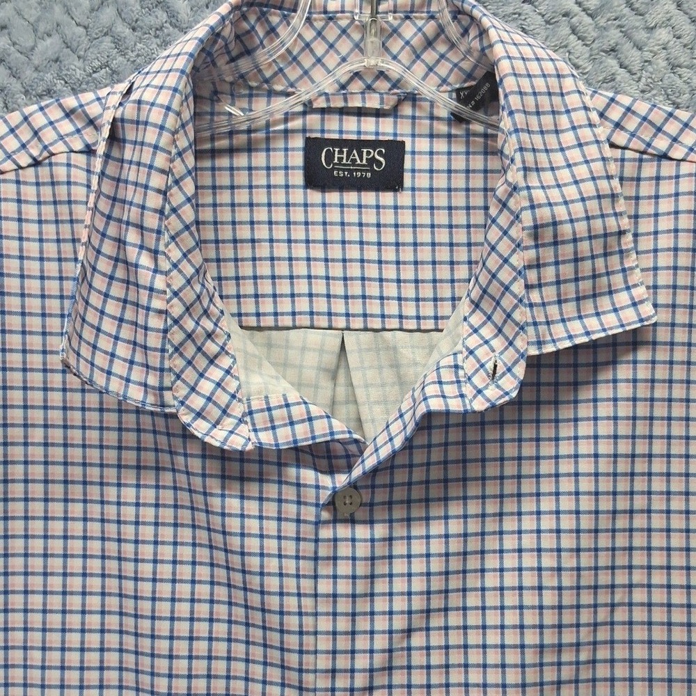 Chaps Mens XXL Short Sleeve Button Down Shirt Blue Pink Plaid Stretch CM13SW150X